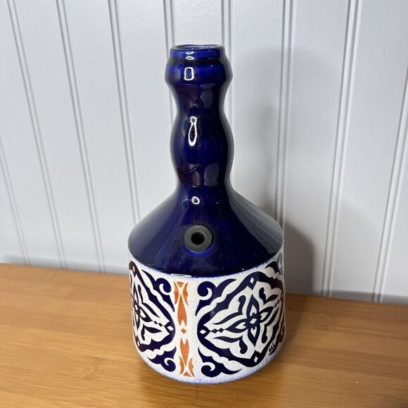 Vintage Israel Hand Painted Floral Pottery Bud Vase Blue White Orange MCM Style - Picture 3 of 7